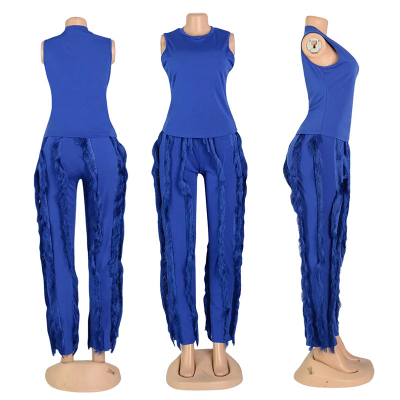 AL220 New Arrival Two Piece Set Women Clothing Tassel Pants Sleeveless Summer Outfits for Women Sexy 2 Piece Set Women
