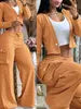 BS Two Piece Set Women Clothing Patchwork Wide Leg Pants Pants Set Long Sleeve Short Top Outfits for Women Pants Set With Pocket