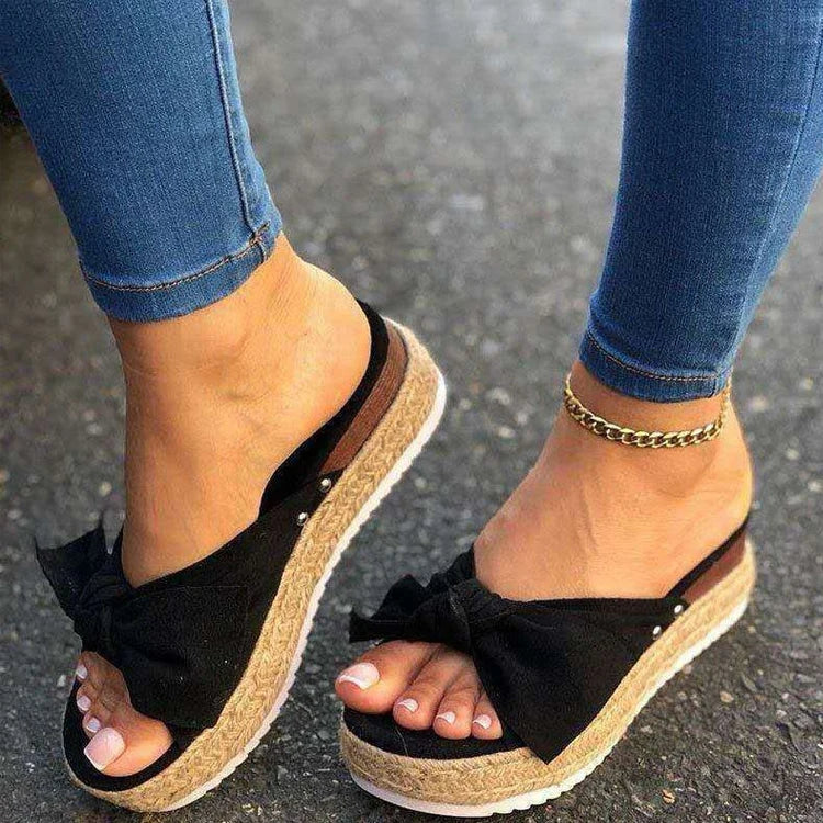 Canvas Platform Sandals with Bow - Beach Slippers
