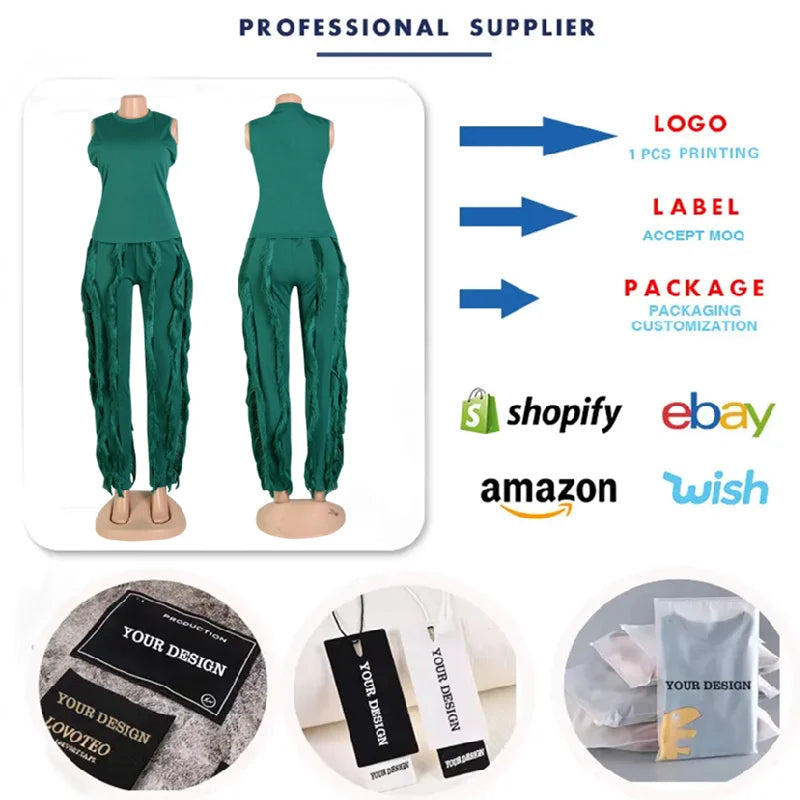 AL220 New Arrival Two Piece Set Women Clothing Tassel Pants Sleeveless Summer Outfits for Women Sexy 2 Piece Set Women