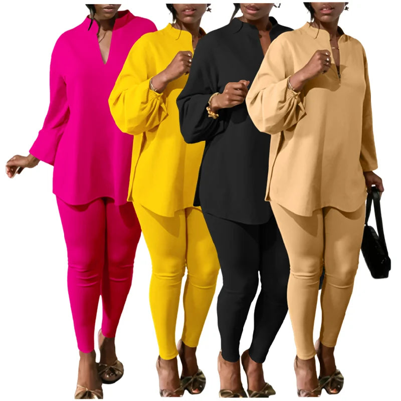 D535 Latest Design Fall & Winter Outfits for Women Fashion V-neck Long Sleeve Top and Pants Two Piece Set Women Clothing