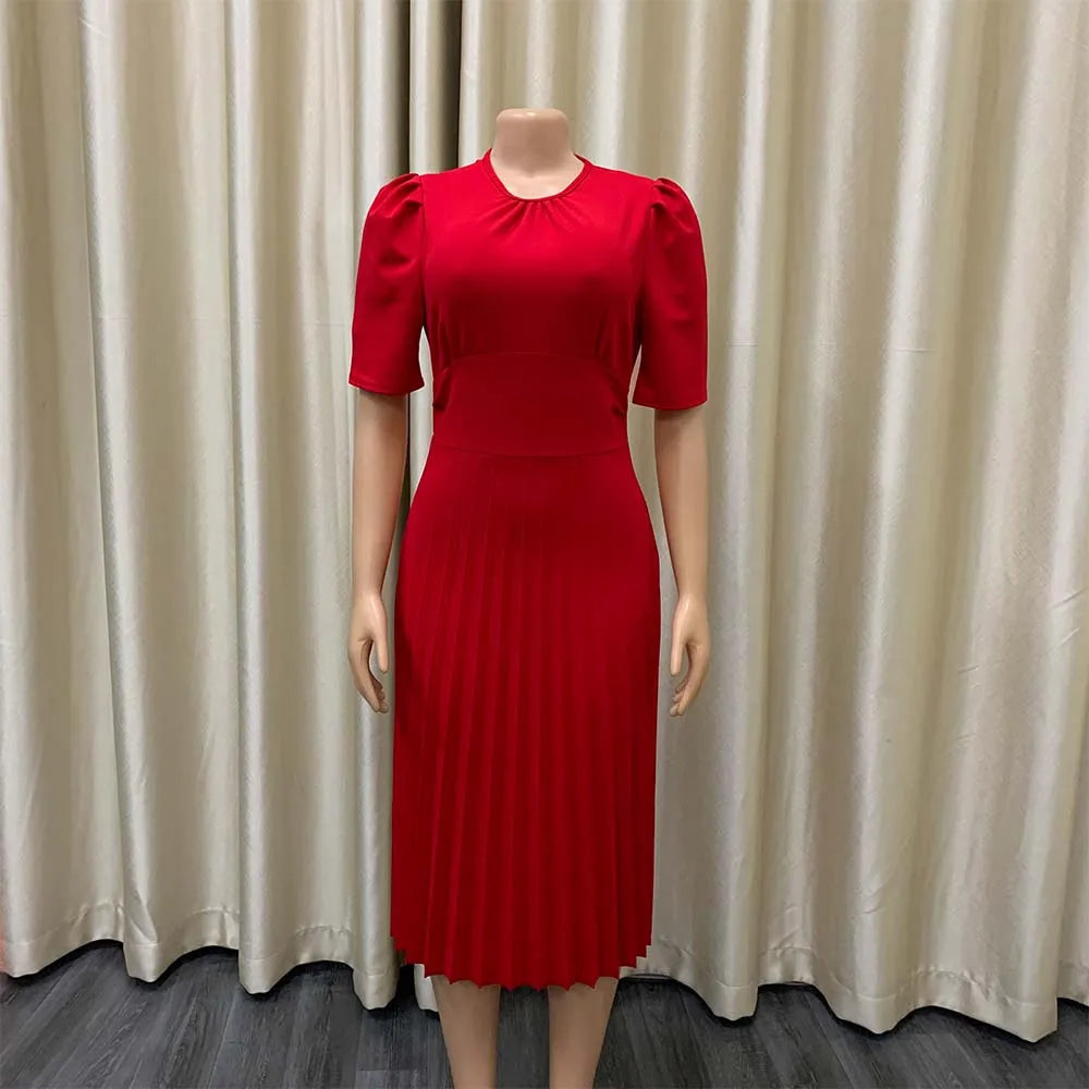 D202 High Quality Summer Dresses Women Casual Red Lovely a Line Pleated Dress Elegant Ladies Office Dress for Women