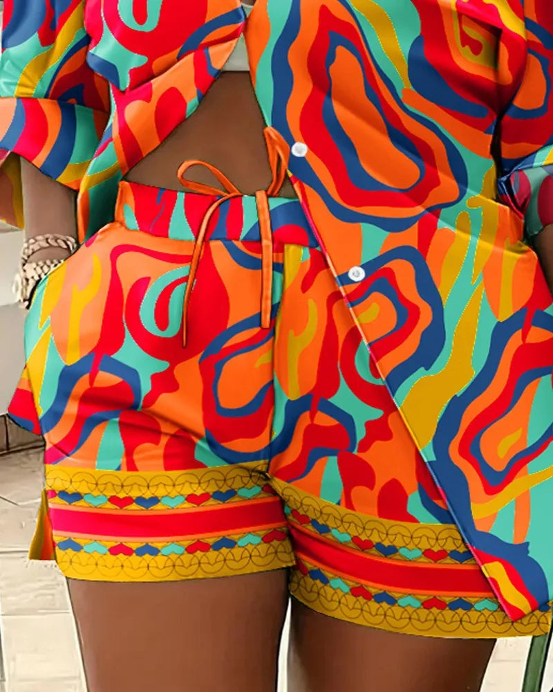 35% OFF S-4XL Summer Outfits for Women Fashion Printing Shirt and Shorts Two Piece Set Women Clothing