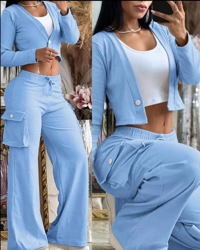 BS Two Piece Set Women Clothing Patchwork Wide Leg Pants Pants Set Long Sleeve Short Top Outfits for Women Pants Set With Pocket