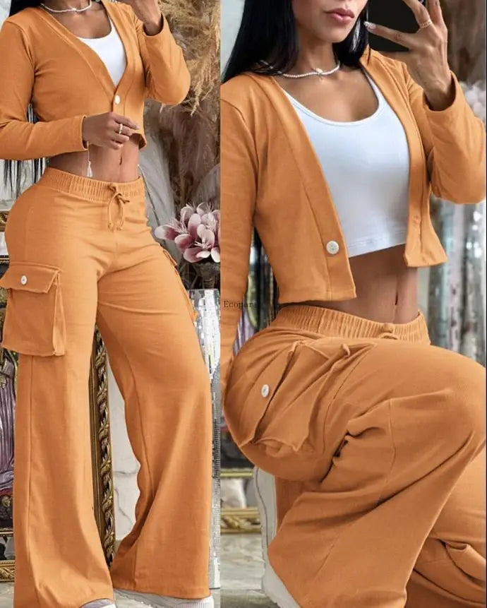 BS Two Piece Set Women Clothing Patchwork Wide Leg Pants Pants Set Long Sleeve Short Top Outfits for Women Pants Set With Pocket