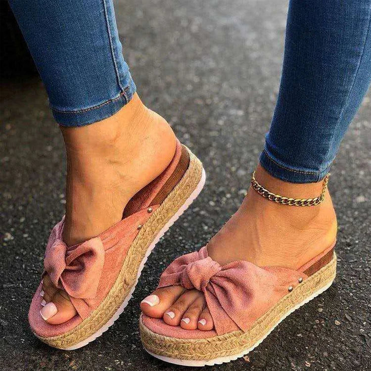 Canvas Platform Sandals with Bow - Beach Slippers