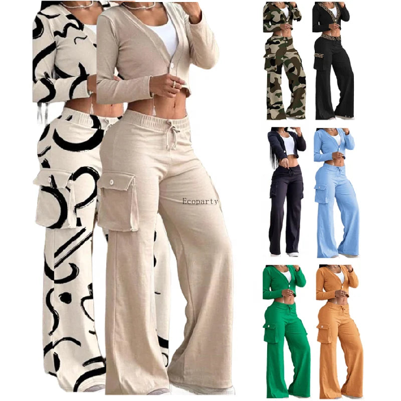 BS Two Piece Set Women Clothing Patchwork Wide Leg Pants Pants Set Long Sleeve Short Top Outfits for Women Pants Set With Pocket