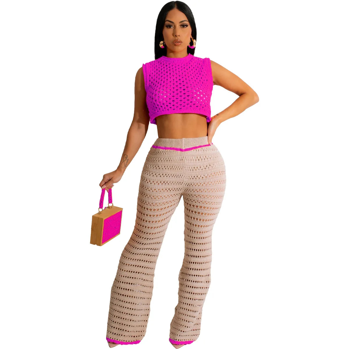 2024 New 2 Piece Women Outfit Crochet Pants Set for Women Two Piece Set Women Clothing With Crop Tank Top