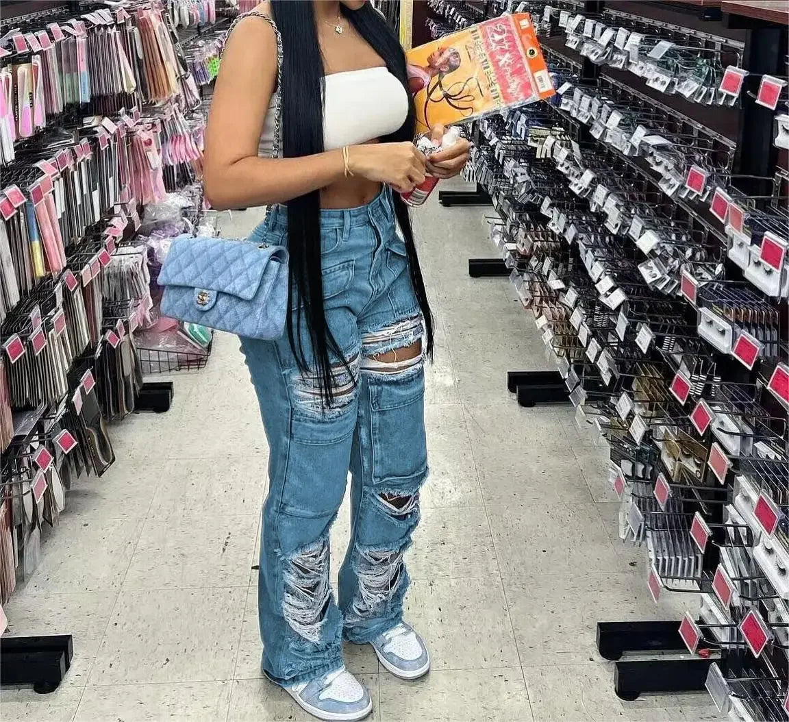 Women Jeans Denim Patchwork Straight Pants Holes Distressed Pockets Washing High Street Low Waist Zipper Fly Flat Winter