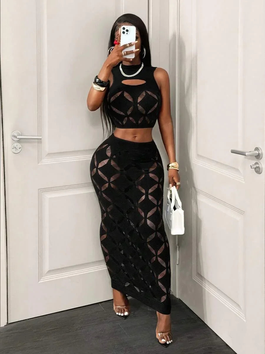 2-Piece Mesh Crop Top & Skirt Set - Black Lace Clubwear