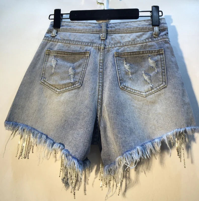 Denim Shorts Women Hole Ripped Jeans Tassels Diamonds Sexy Washed Distressed High Waist Streetwear 2025 Straight Short Pants