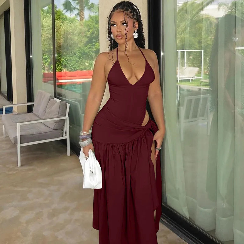 Woman Summer Vacation Sexy Cut Out Dress Sets Halter Deep V Neck Bodysuit and Tie Maxi Long Skirt Set Party 2 Two Piece Outfit