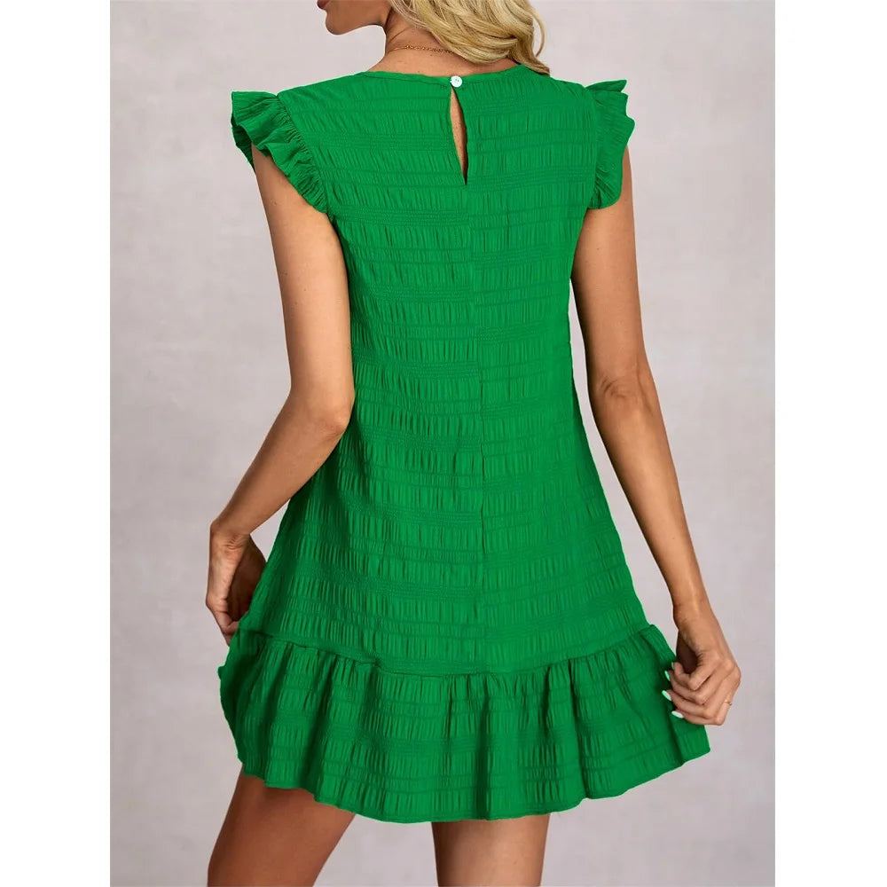 Women Summer Dresses Ladies Casual Solid Color Ruffled Sleeveless Mini Dress A Line Vestidos Female  Vintage Short Dresses