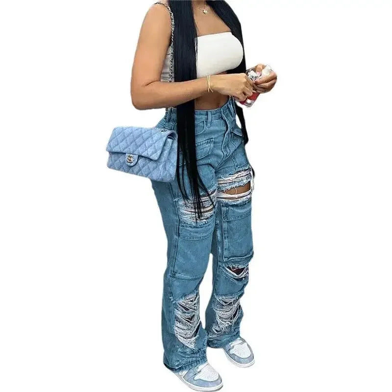 Women Jeans Denim Patchwork Straight Pants Holes Distressed Pockets Washing High Street Low Waist Zipper Fly Flat Winter