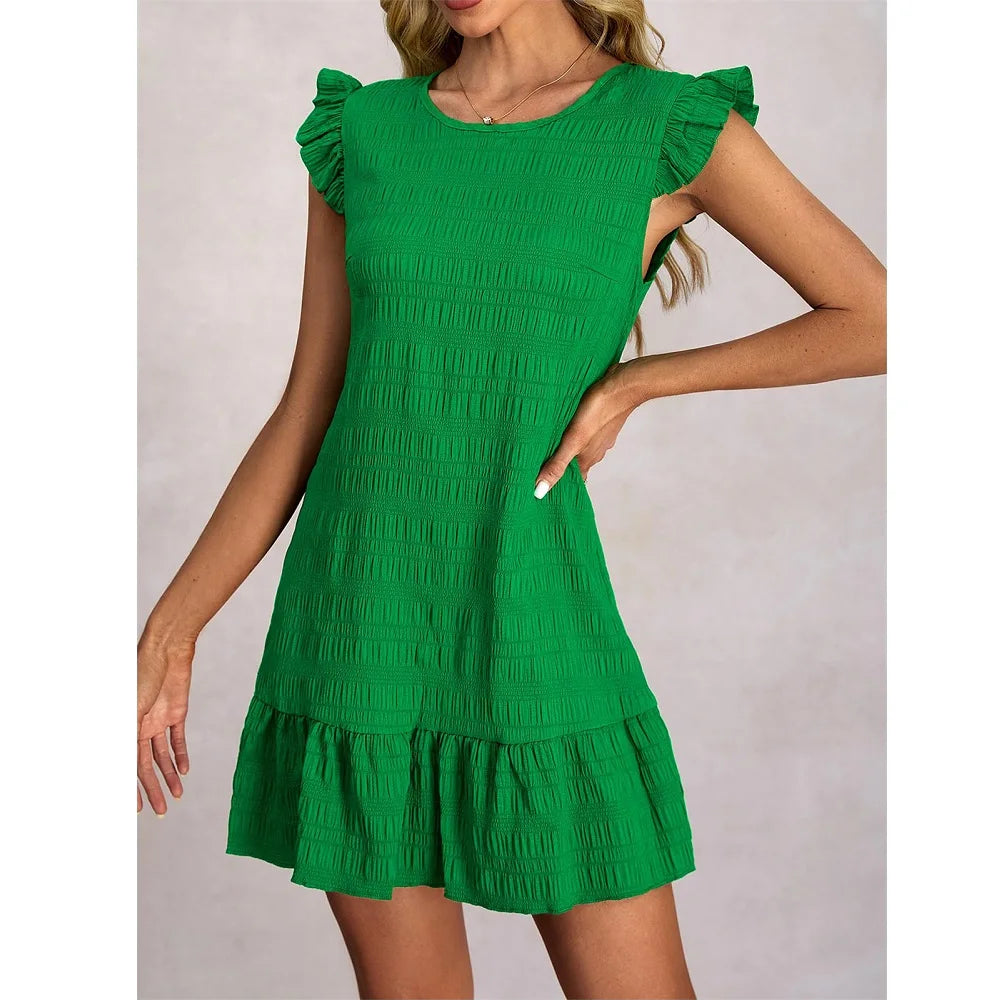 Women Summer Dresses Ladies Casual Solid Color Ruffled Sleeveless Mini Dress A Line Vestidos Female  Vintage Short Dresses