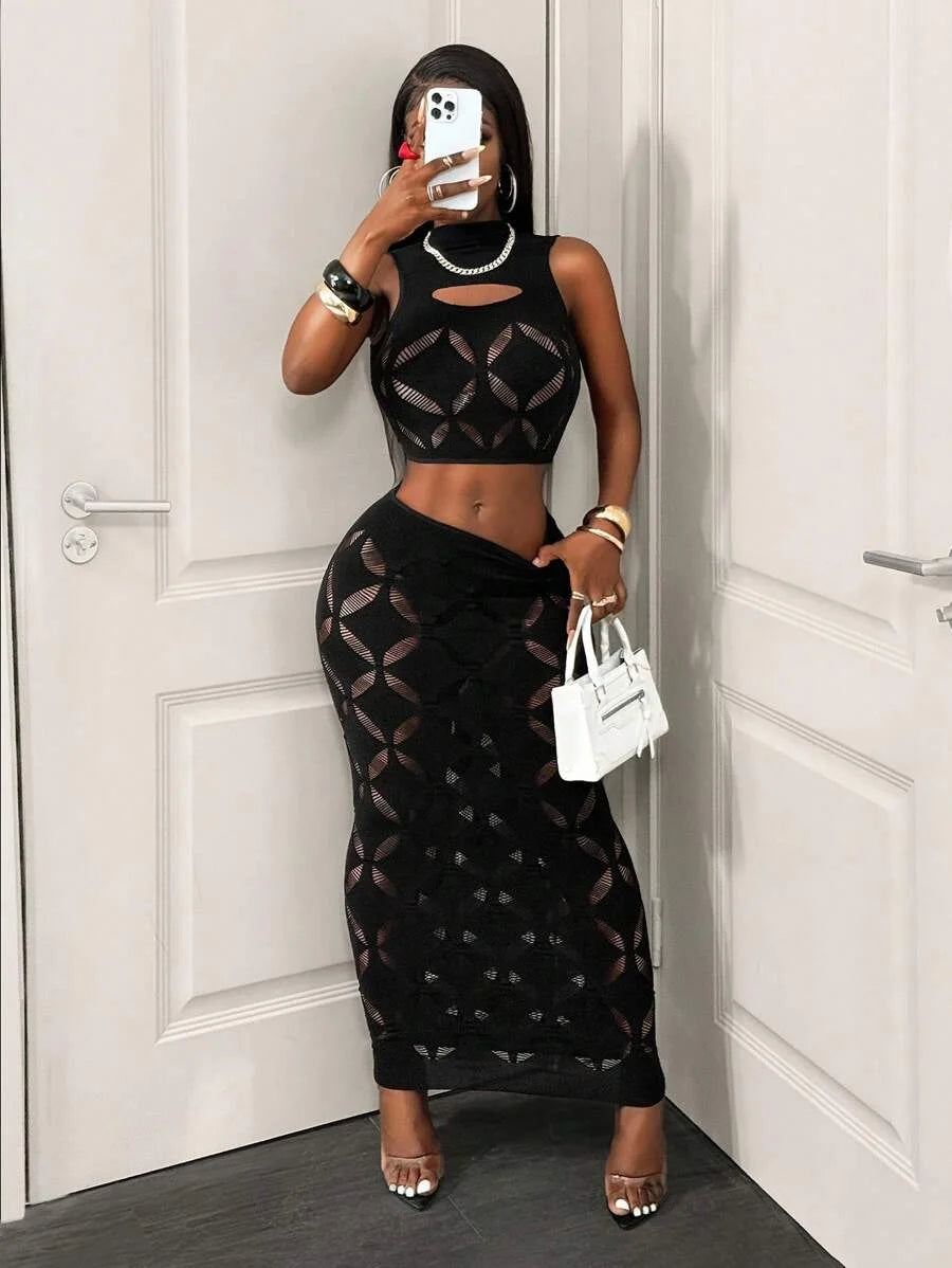 2-Piece Mesh Crop Top & Skirt Set - Black Lace Clubwear