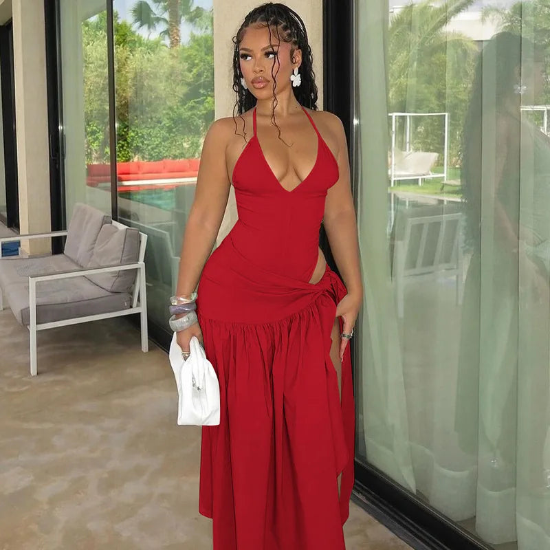 Woman Summer Vacation Sexy Cut Out Dress Sets Halter Deep V Neck Bodysuit and Tie Maxi Long Skirt Set Party 2 Two Piece Outfit
