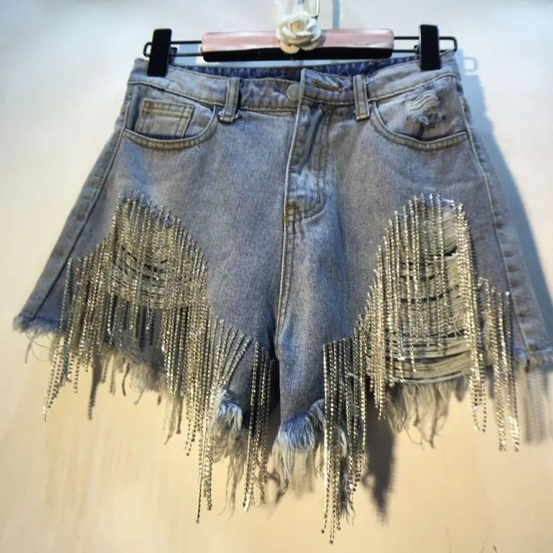 Denim Shorts Women Hole Ripped Jeans Tassels Diamonds Sexy Washed Distressed High Waist Streetwear 2025 Straight Short Pants