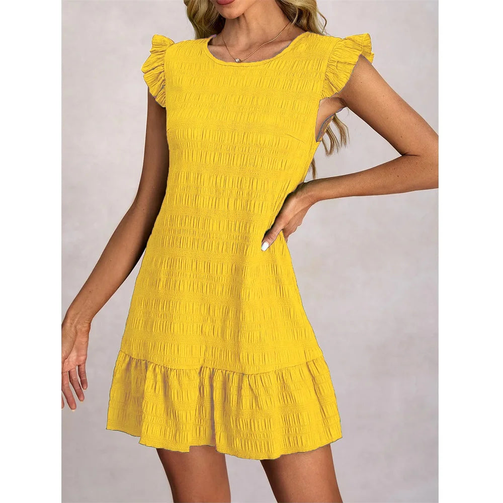 Women Summer Dresses Ladies Casual Solid Color Ruffled Sleeveless Mini Dress A Line Vestidos Female  Vintage Short Dresses