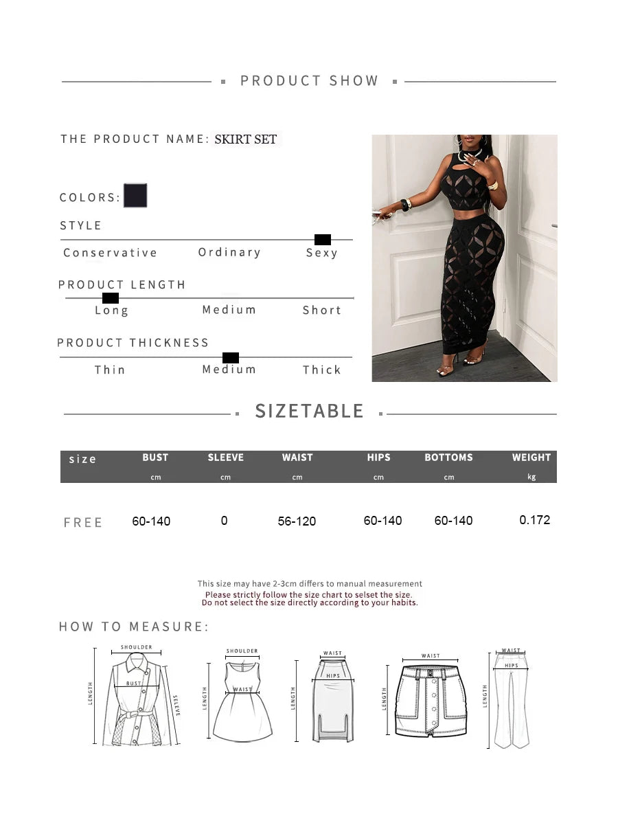 2-Piece Mesh Crop Top & Skirt Set - Black Lace Clubwear