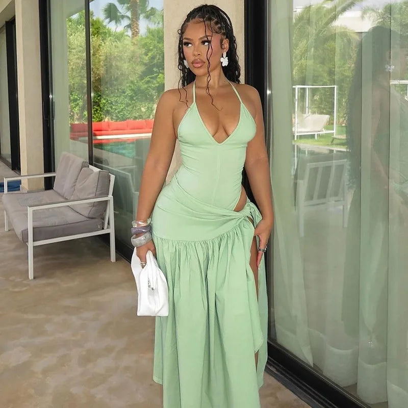 Woman Summer Vacation Sexy Cut Out Dress Sets Halter Deep V Neck Bodysuit and Tie Maxi Long Skirt Set Party 2 Two Piece Outfit