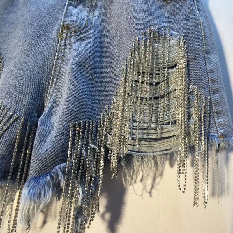 Denim Shorts Women Hole Ripped Jeans Tassels Diamonds Sexy Washed Distressed High Waist Streetwear 2025 Straight Short Pants