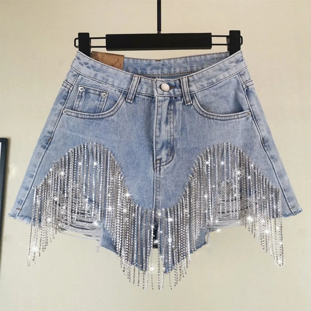 Denim Shorts Women Hole Ripped Jeans Tassels Diamonds Sexy Washed Distressed High Waist Streetwear 2025 Straight Short Pants