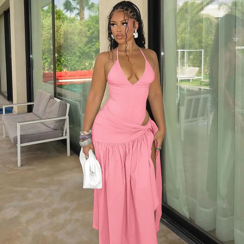 Woman Summer Vacation Sexy Cut Out Dress Sets Halter Deep V Neck Bodysuit and Tie Maxi Long Skirt Set Party 2 Two Piece Outfit