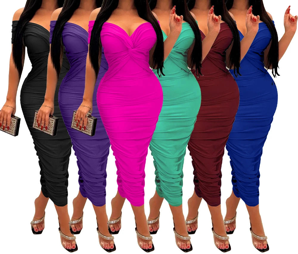 Women Evening Dresses V-neck Pleated Cocktail Elegant Party Dress Off The Shoulder Birthday Formal Prom Dresses XSY034 vestido