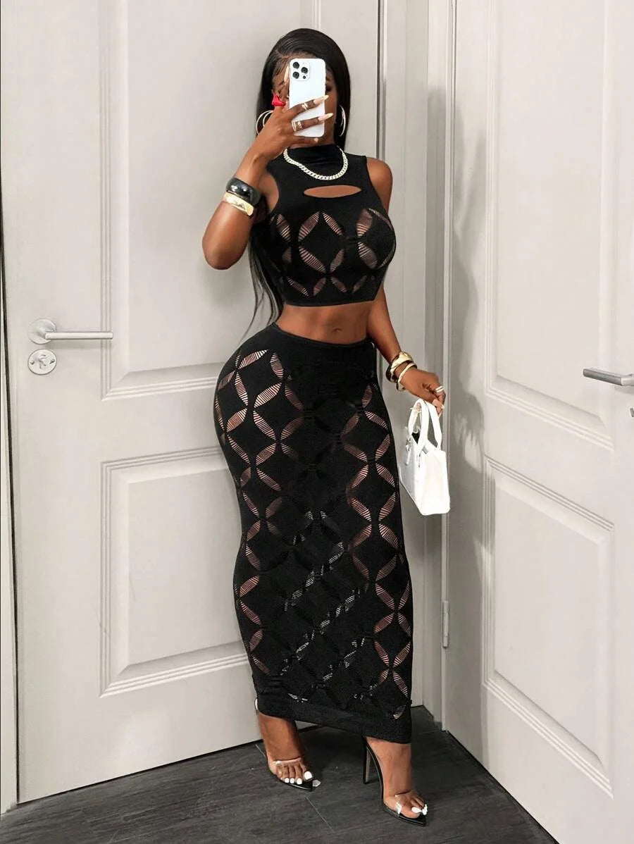 2-Piece Mesh Crop Top & Skirt Set - Black Lace Clubwear