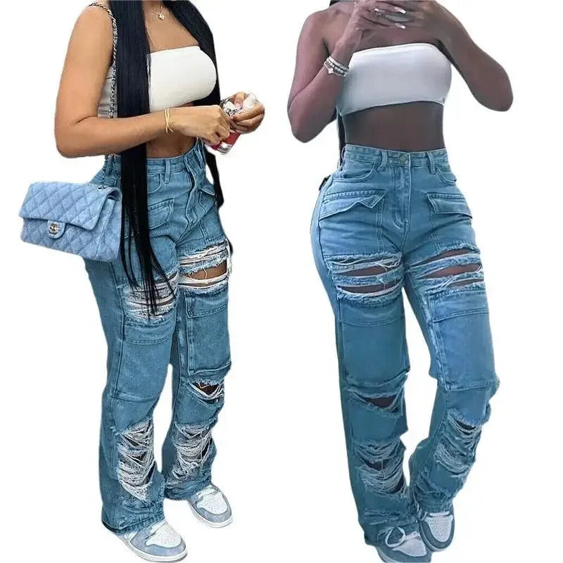Women Jeans Denim Patchwork Straight Pants Holes Distressed Pockets Washing High Street Low Waist Zipper Fly Flat Winter