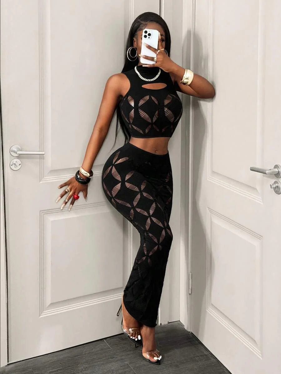 2-Piece Mesh Crop Top & Skirt Set - Black Lace Clubwear